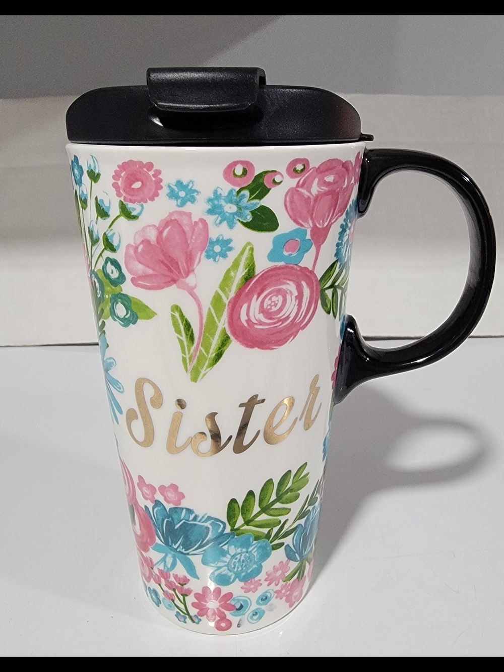 NWOB-17 Oz Cypress Sister Floral Flowers Tall Travel Ceramic Mug w/handle & Lid